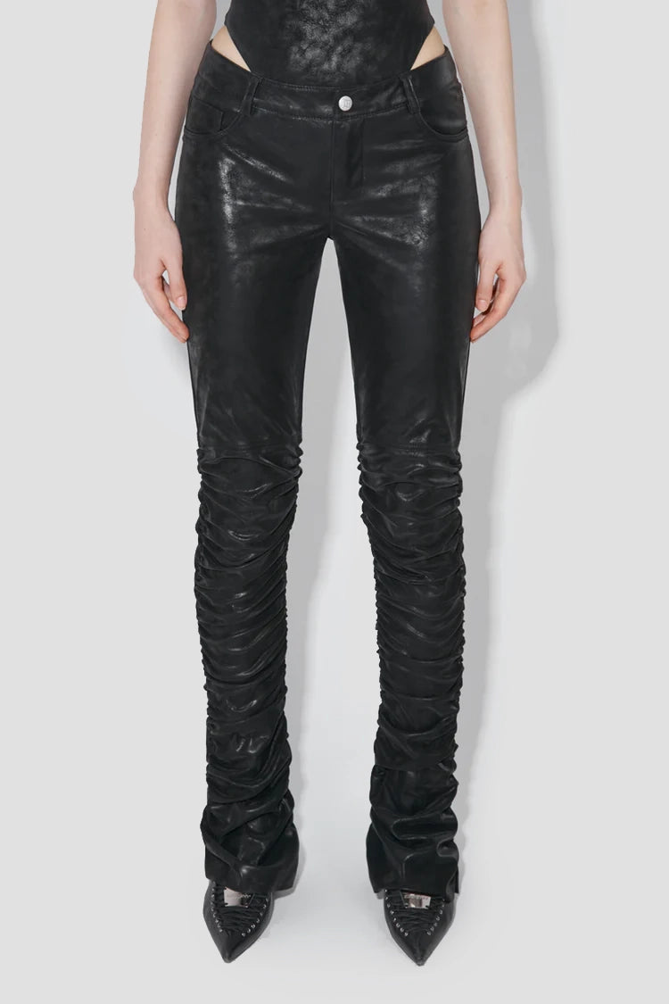 Faded Faux Leather Ruched Trousers Black