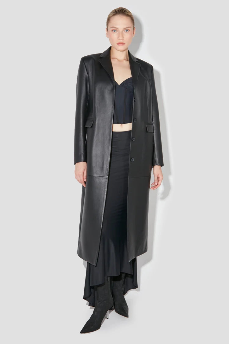 Long leather black coat shop