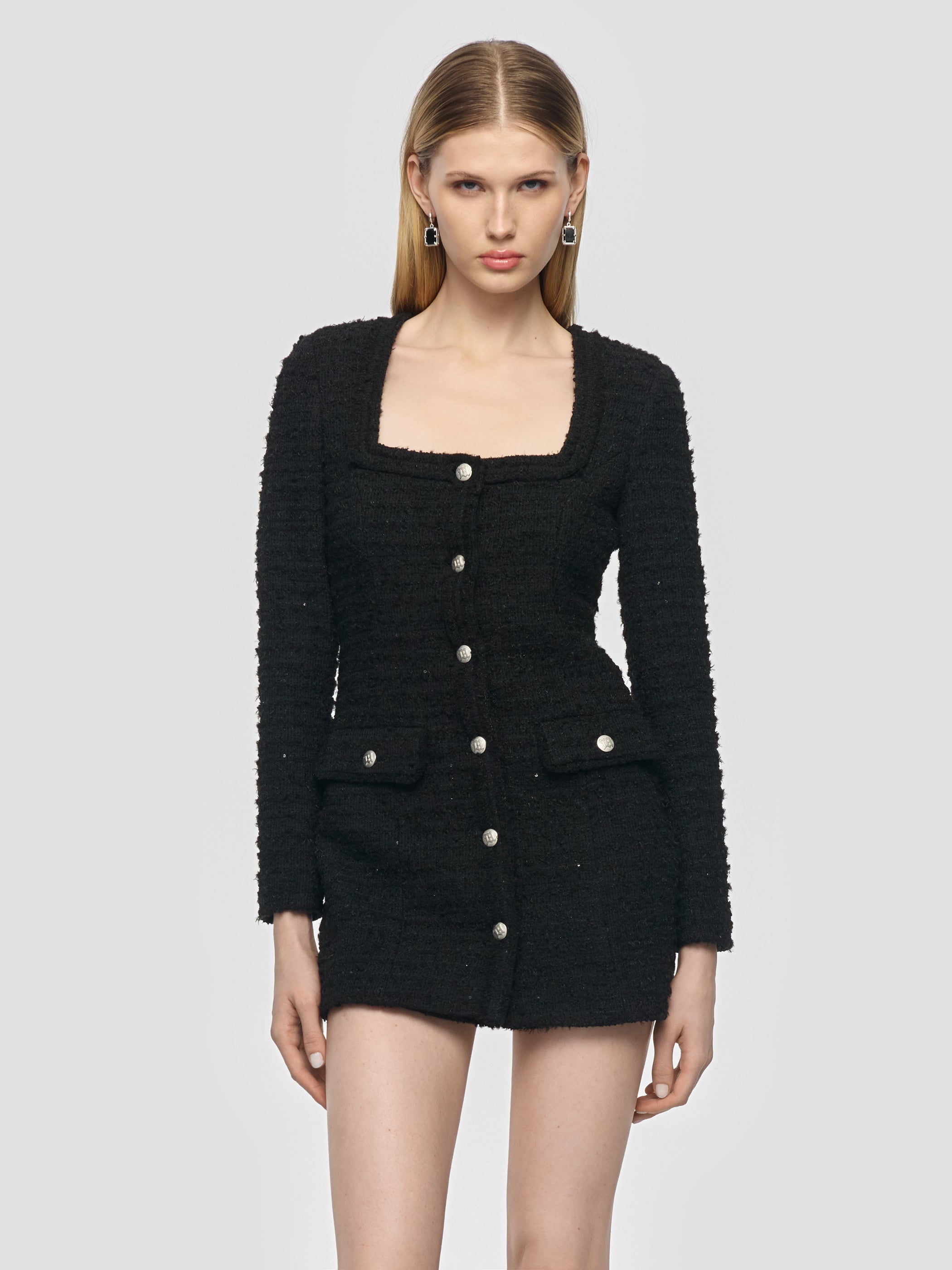 black tweed mini dress Women's Iris Beaded Fringe Tweed Mini Dress - Black In Size Small