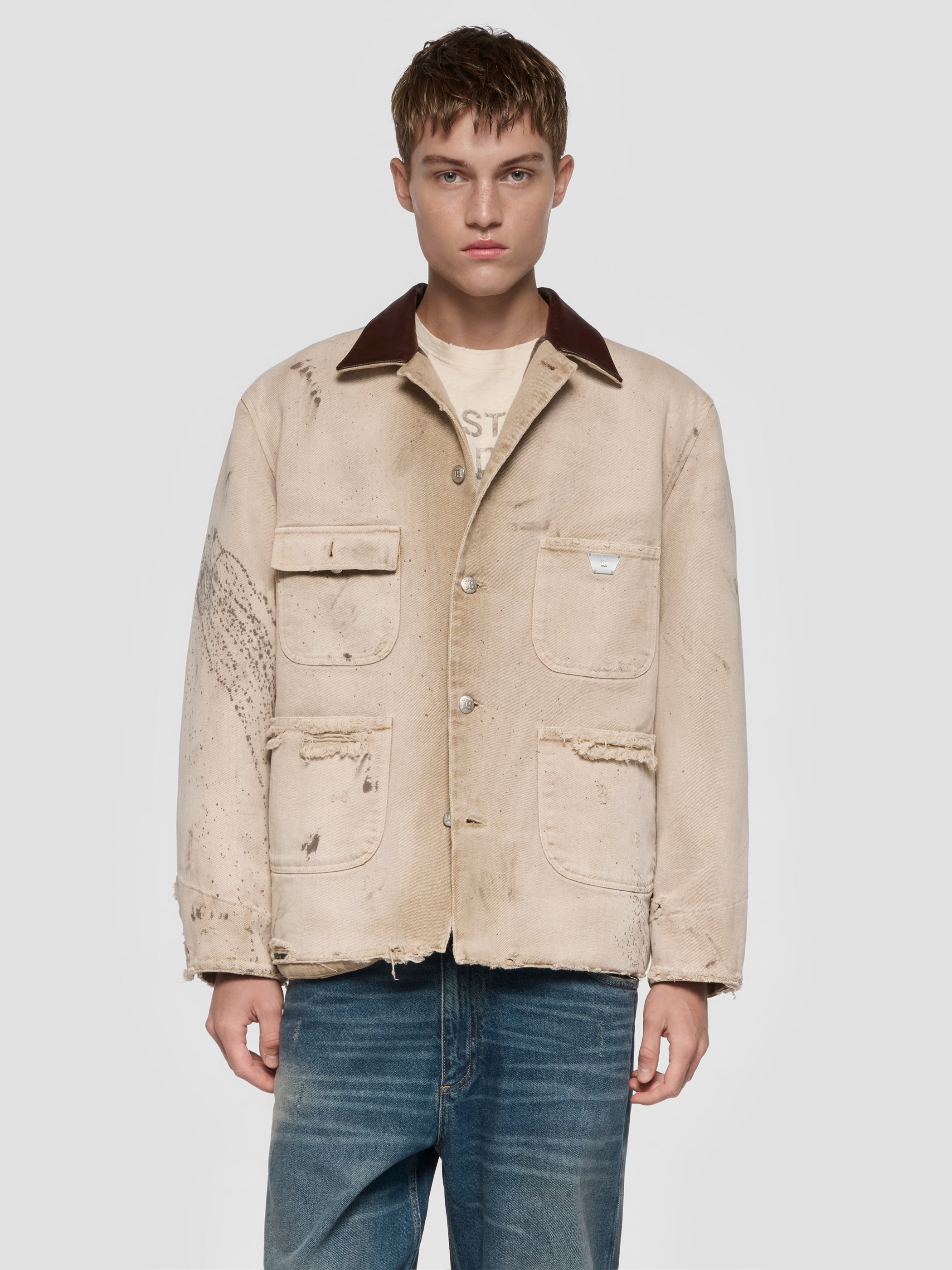 ジャケット・アウター TMKK Damaged French Work Jacket/ Beige S Marfa Twill Work Jacket