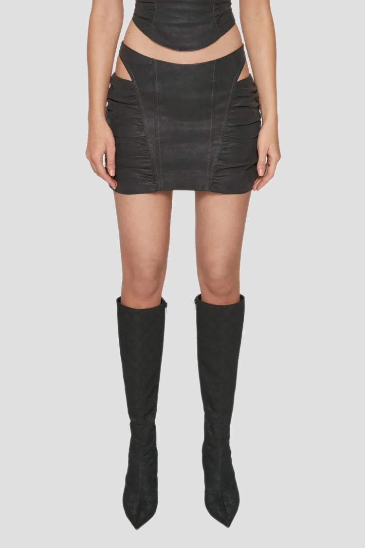 Faded Vegan Leather Ruched Mini Skirt