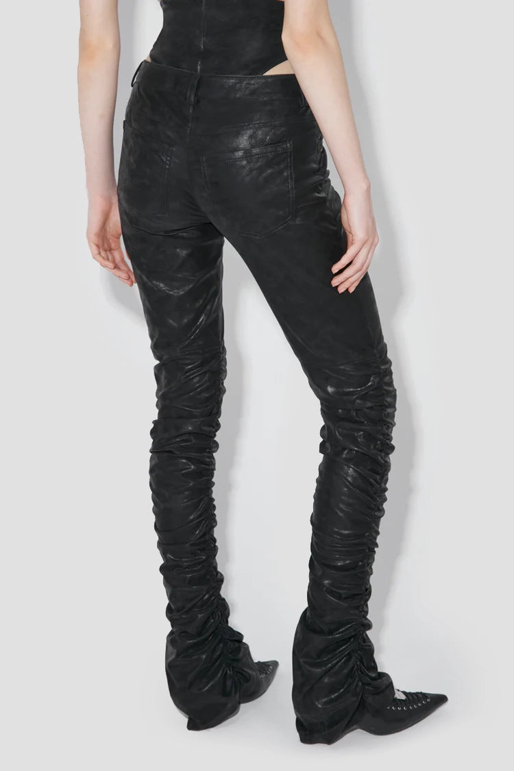 Faded Faux Leather Ruched Trousers