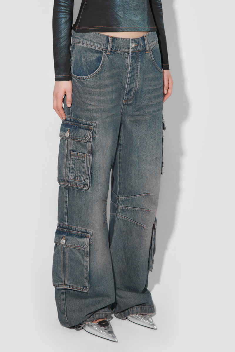 【BAON】Biconi Bijo Washing Wide Denim Cargo Pants Bleach Wash Denim Cargo Jeans | boohoo