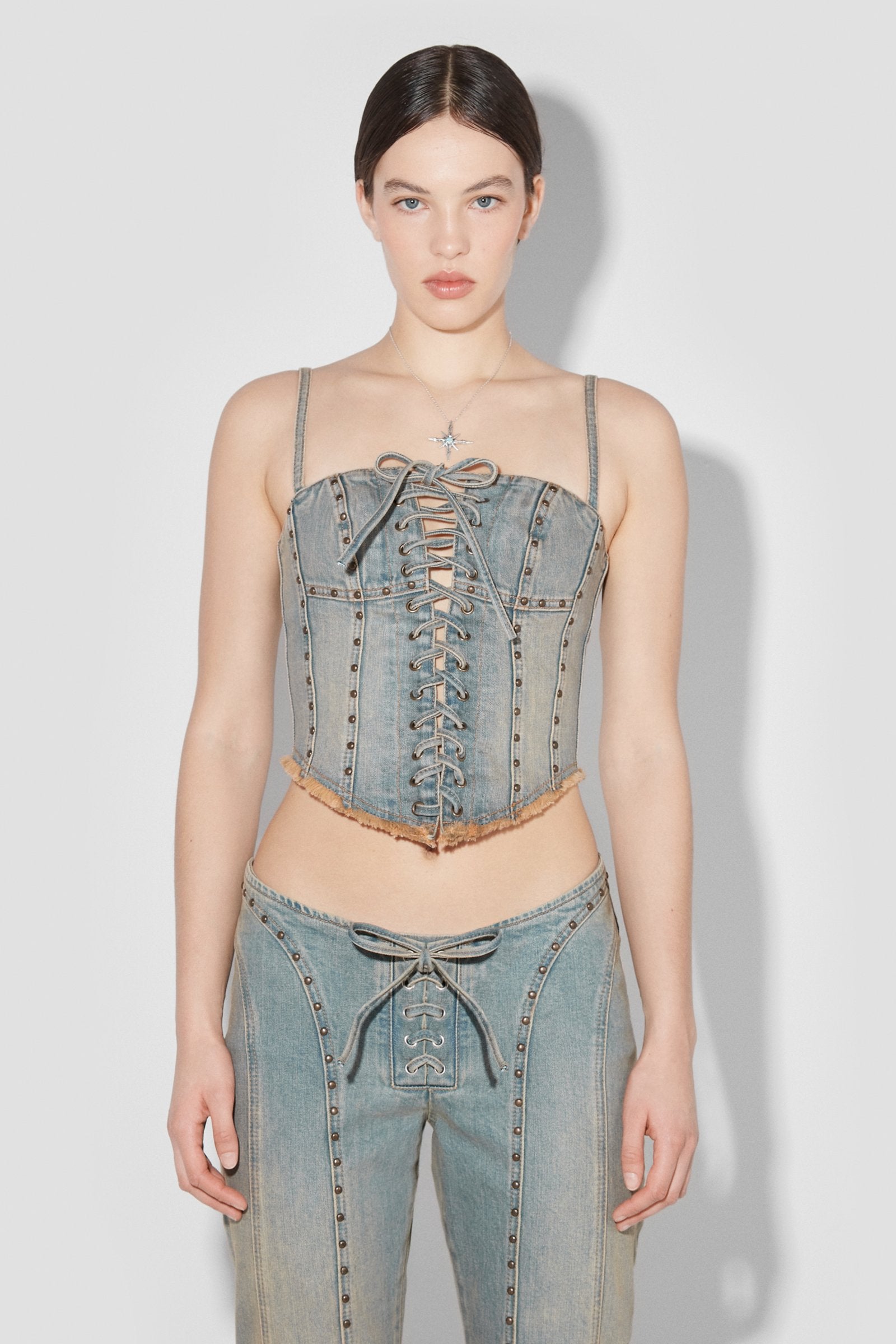 Sunset Wash Lara Laced Studded Denim Corset