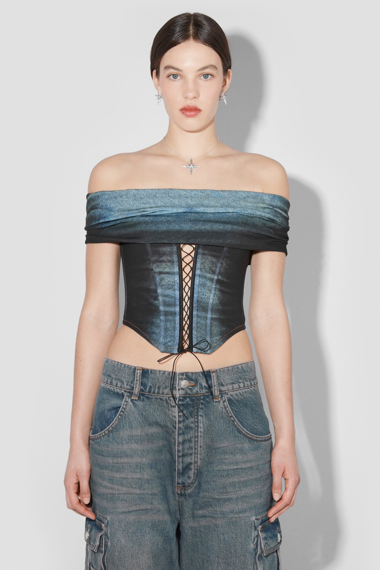 Denim Poly Laced Off Shoulder Corset