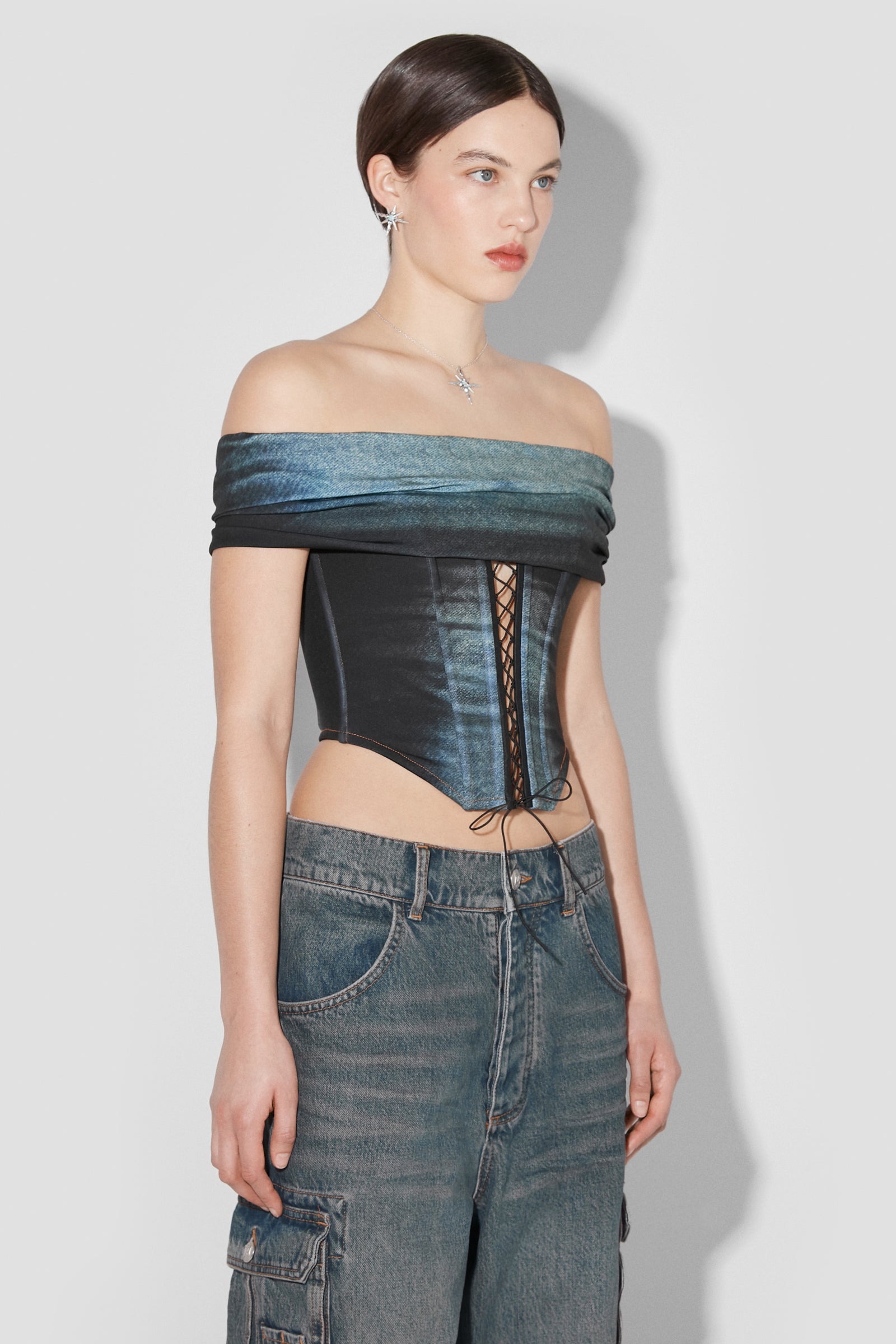 Denim Poly Laced Off Shoulder Corset