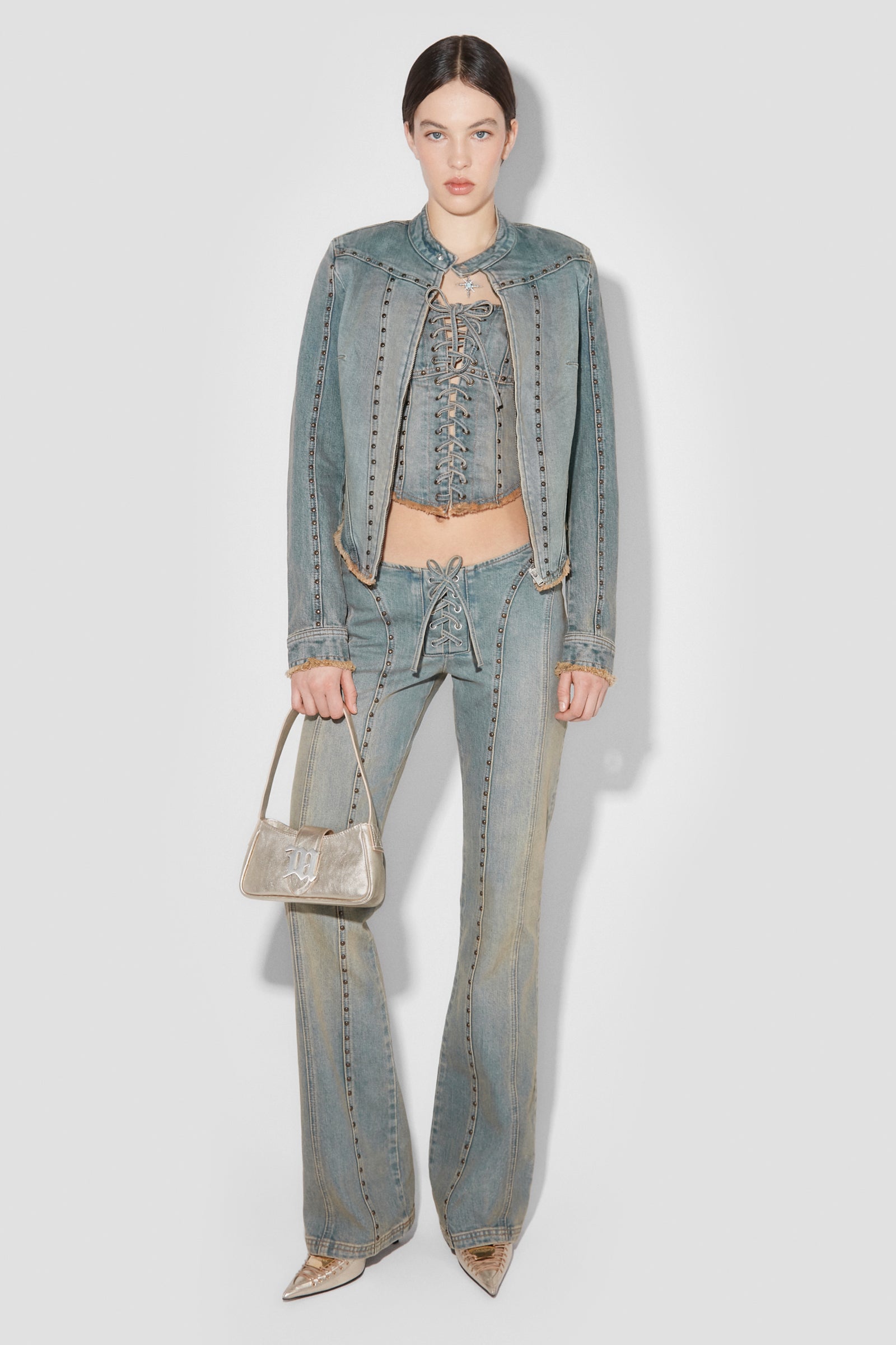 Sunset Wash Lara Laced Denim Studded Trousers