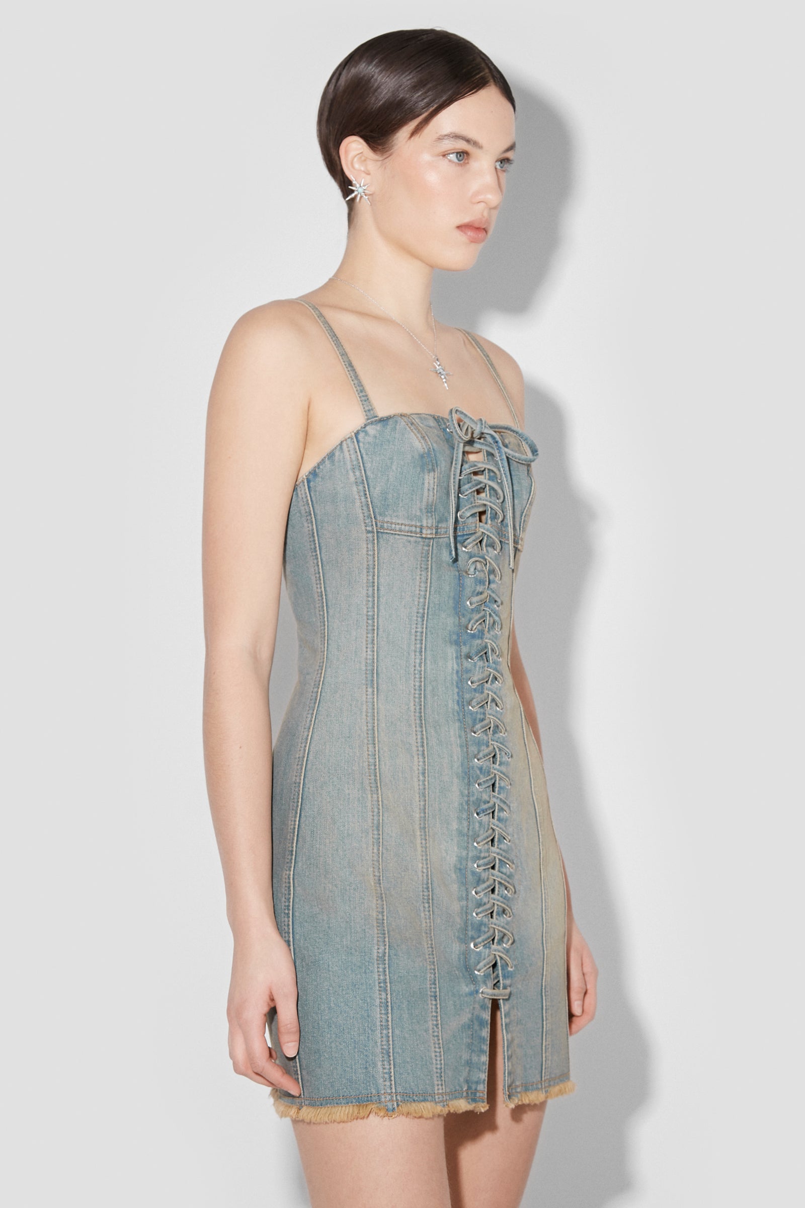 Sunset Wash Lara Laced Denim Mini Dress