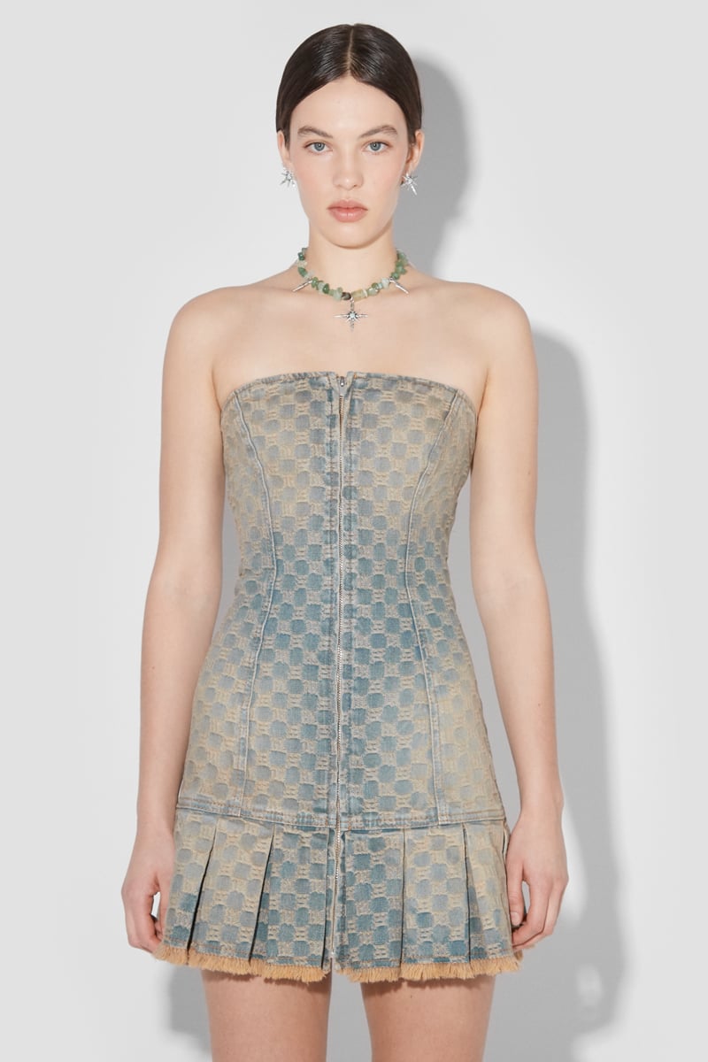 Jacquard Denim Monogram Pleated Mini Dress