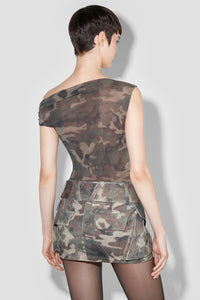 Camo Mesh Off Shoulder T-Shirt