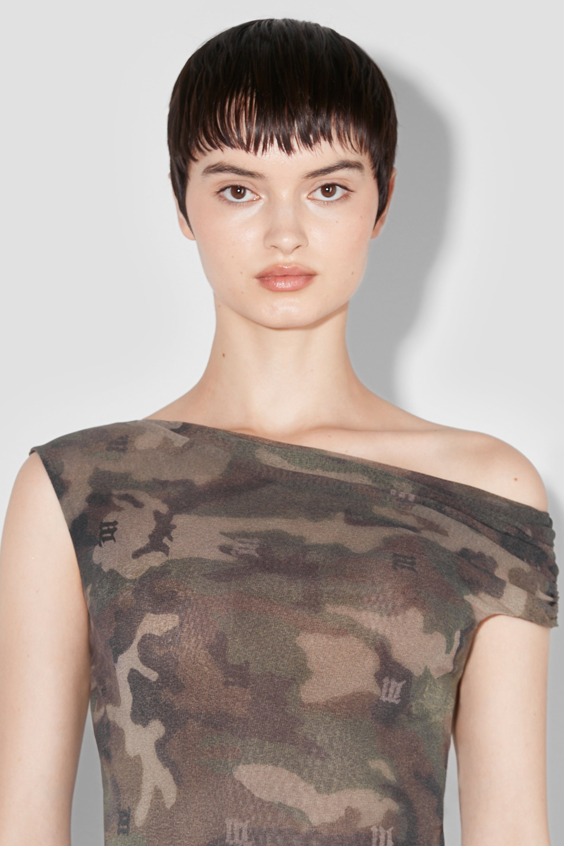 Camo Mesh Off Shoulder T-Shirt