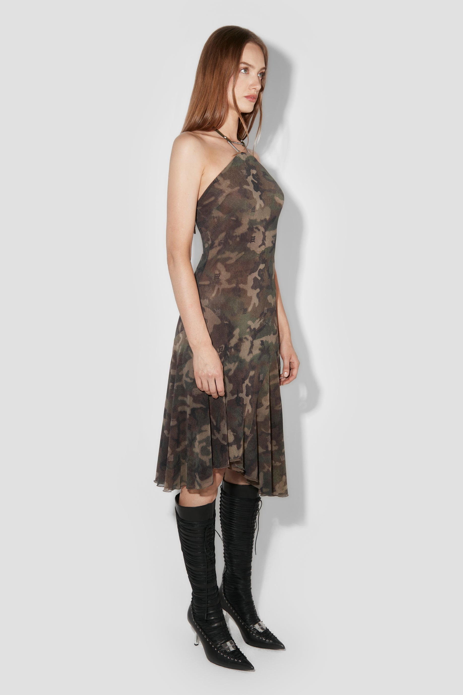 Camo Mesh Trapezoid Midi Dress