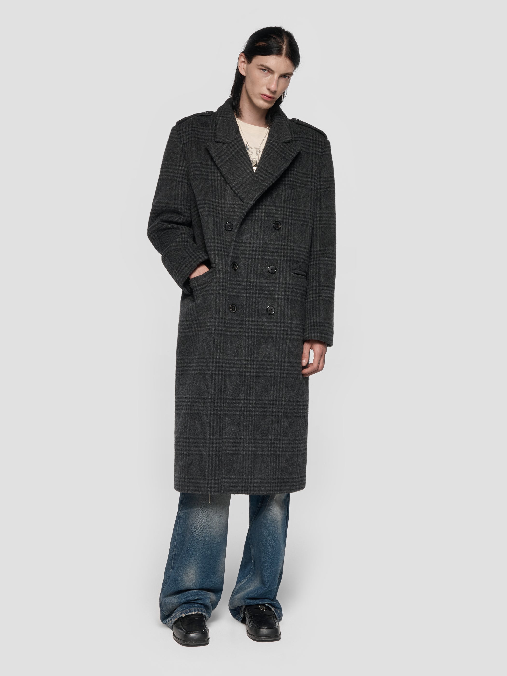 Double Breasted Check Wool Coat