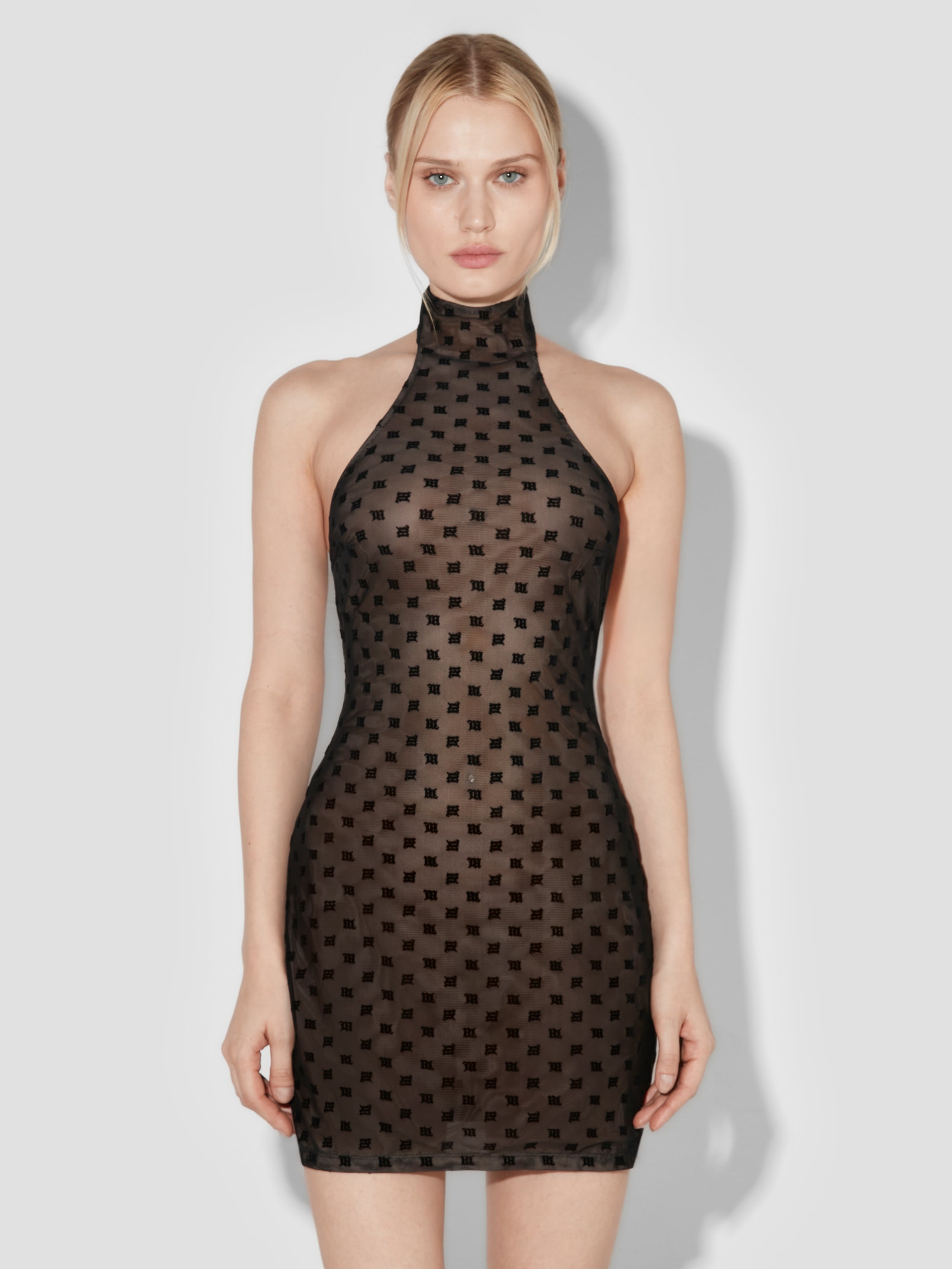 Mesh Monogram Halter Mini Dress