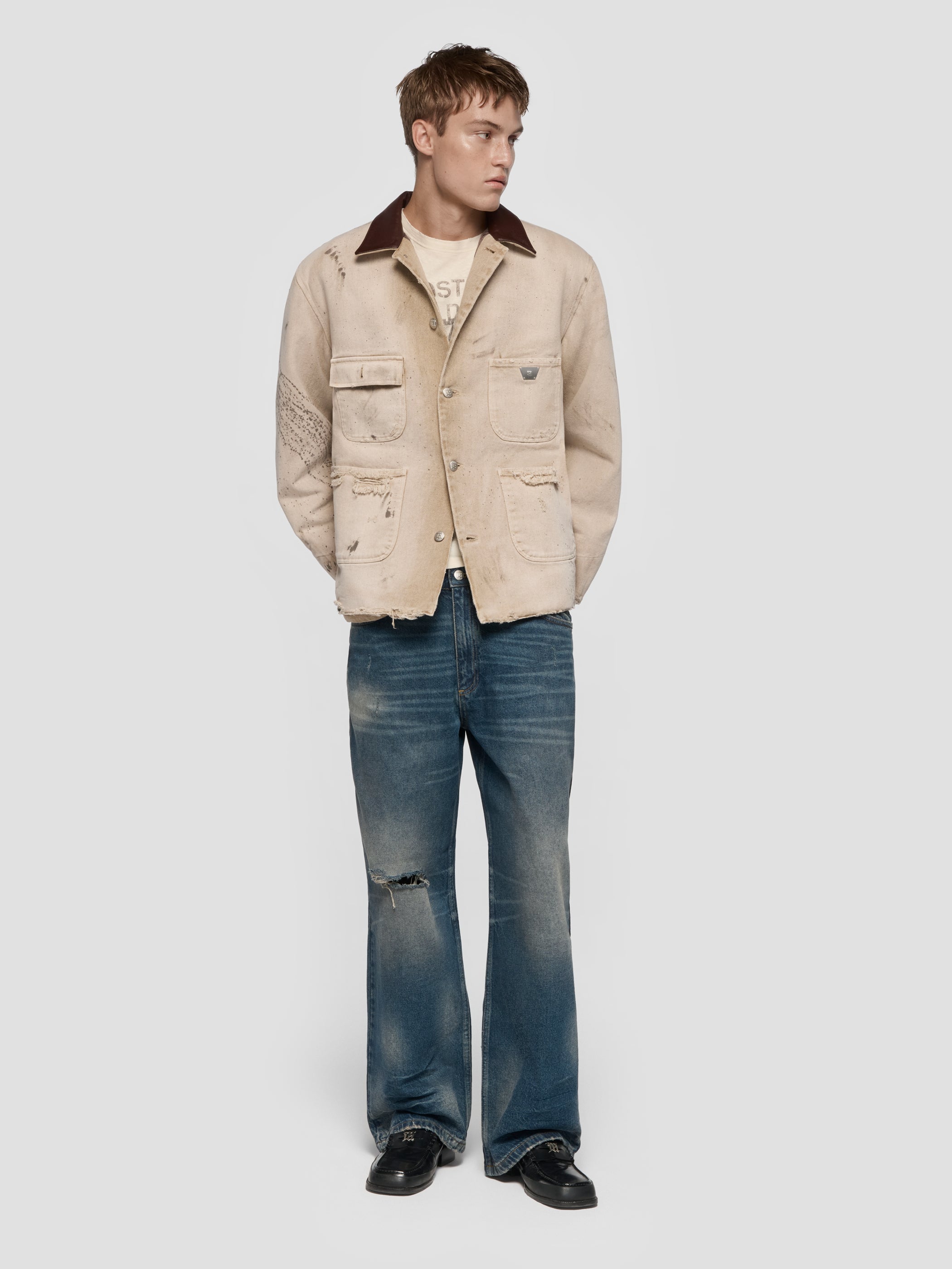 ジャケット・アウター TMKK Damaged French Work Jacket/ Beige S Marfa Twill Work Jacket