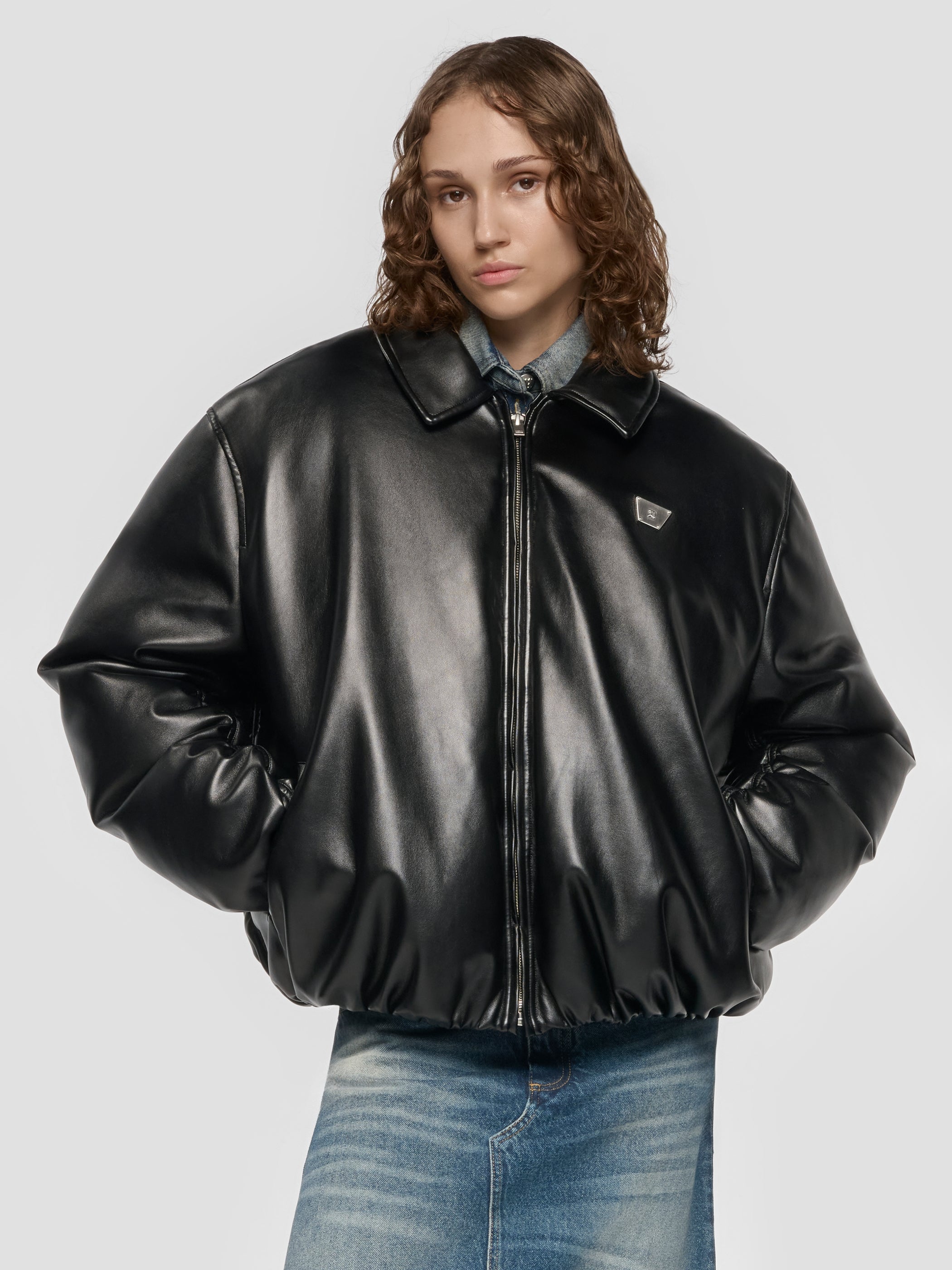 Faux Leather Puffer Bomber Jacket
