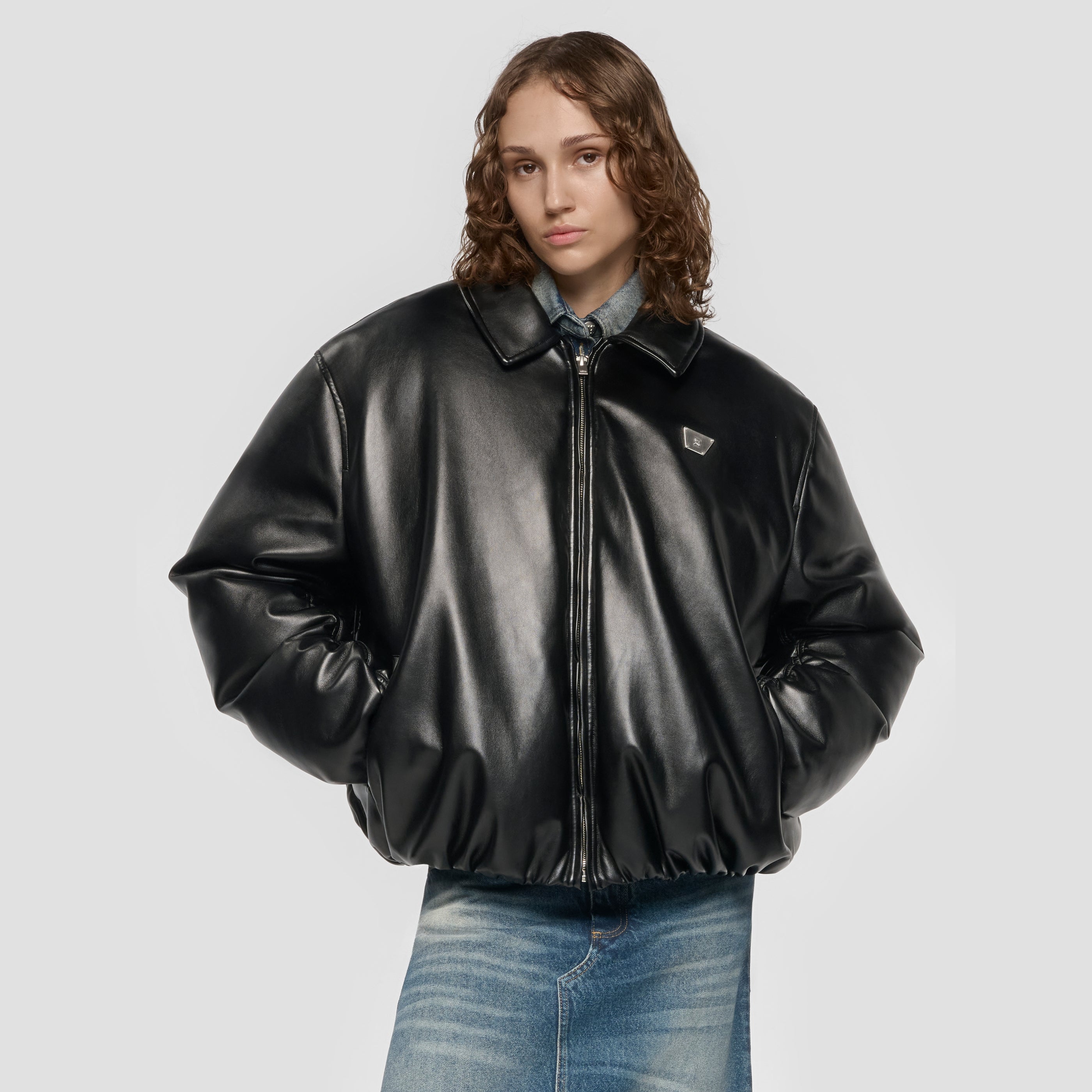 Faux Leather Puffer Bomber Jacket