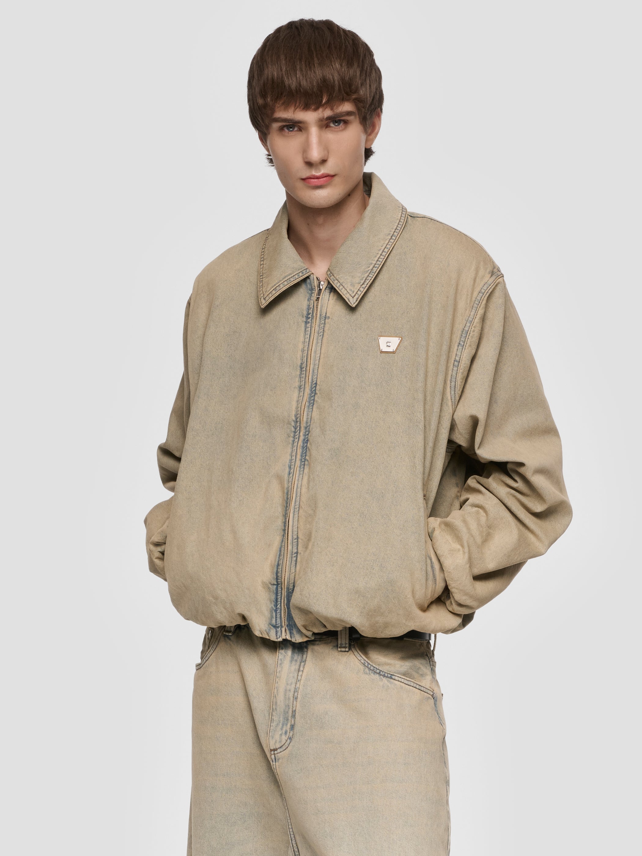 Sand Washed Bomber Denim Jacket