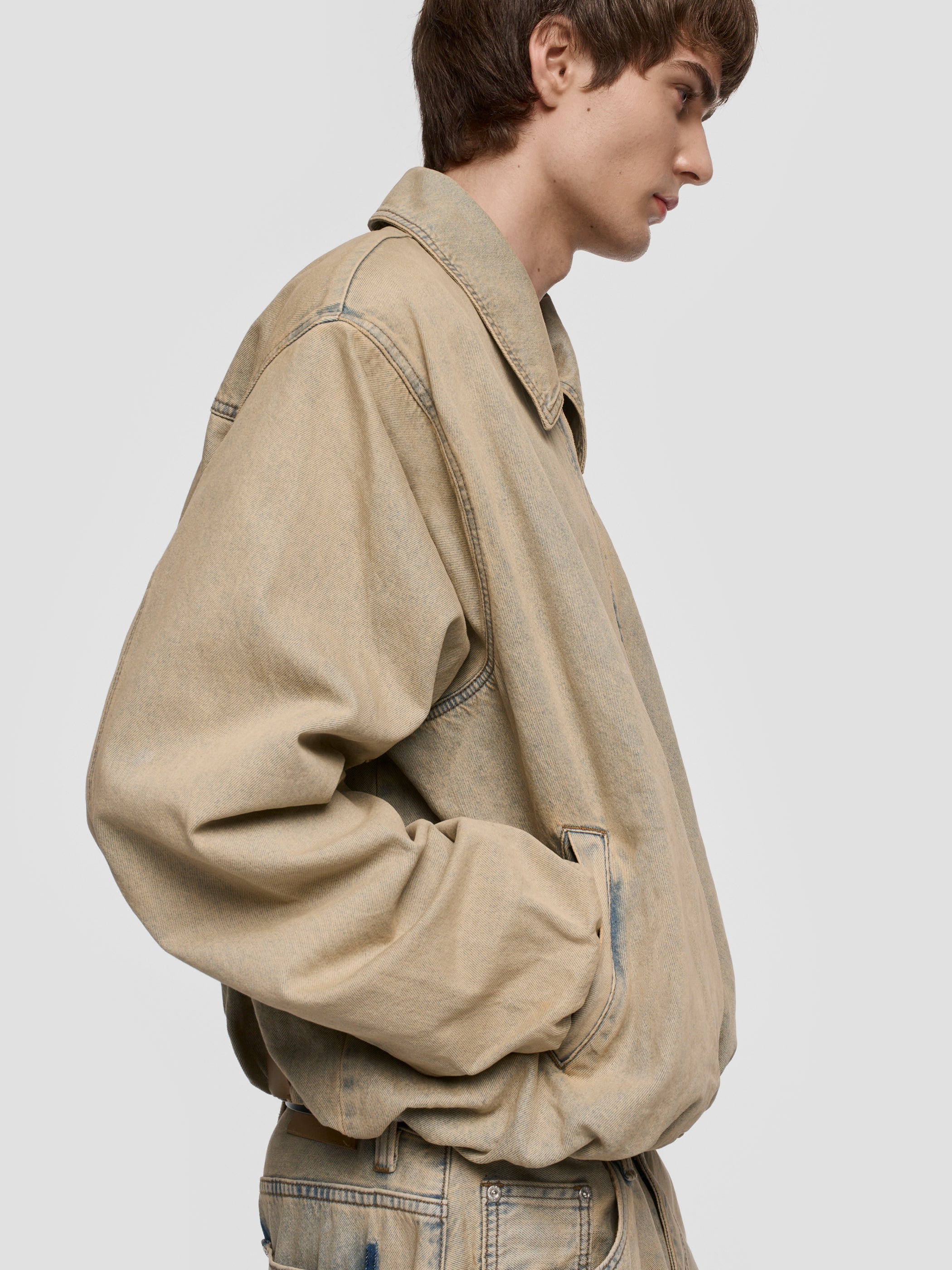 Sand Washed Bomber Denim Jacket