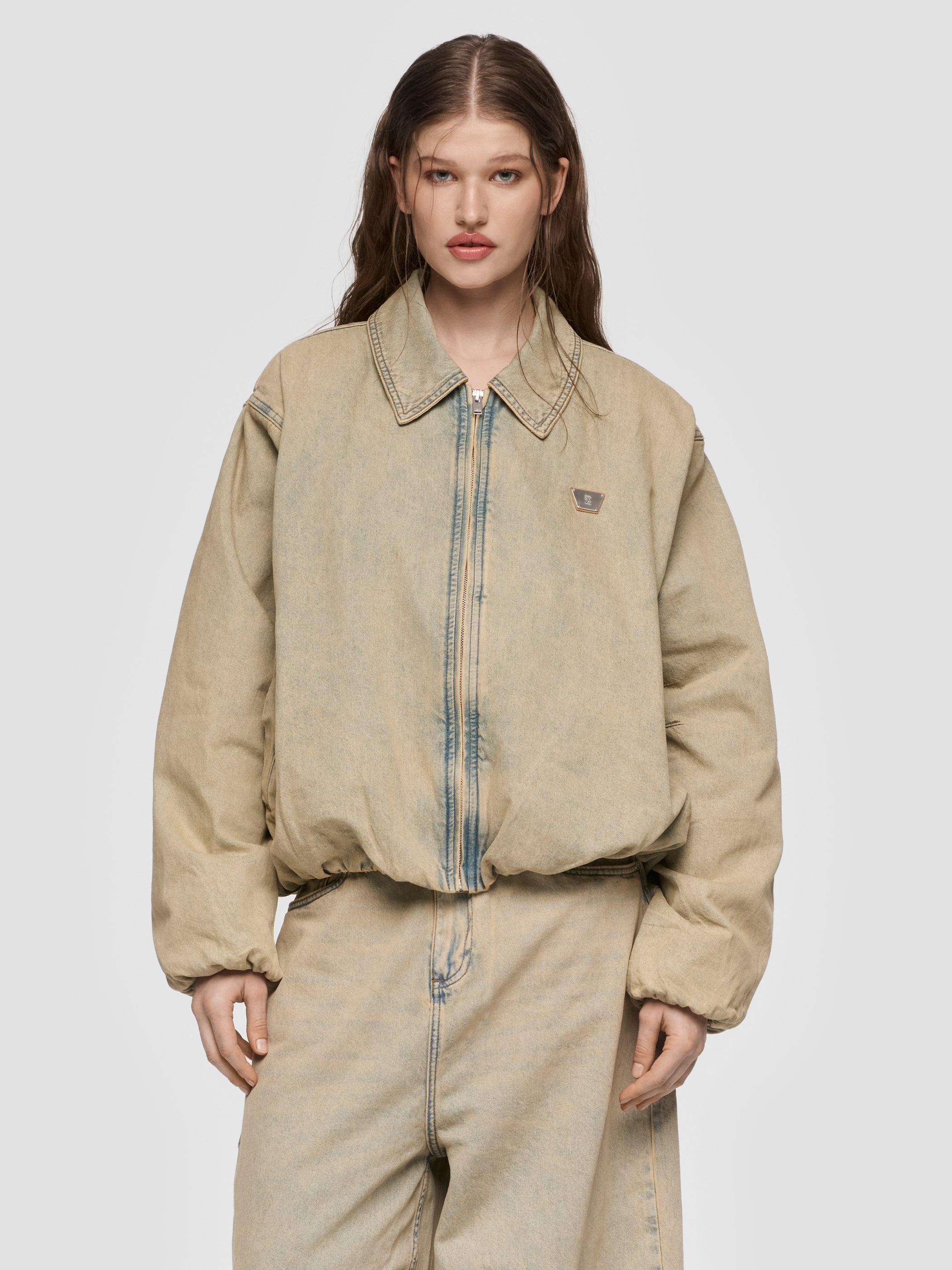 Sand Washed Bomber Denim Jacket Unisex
