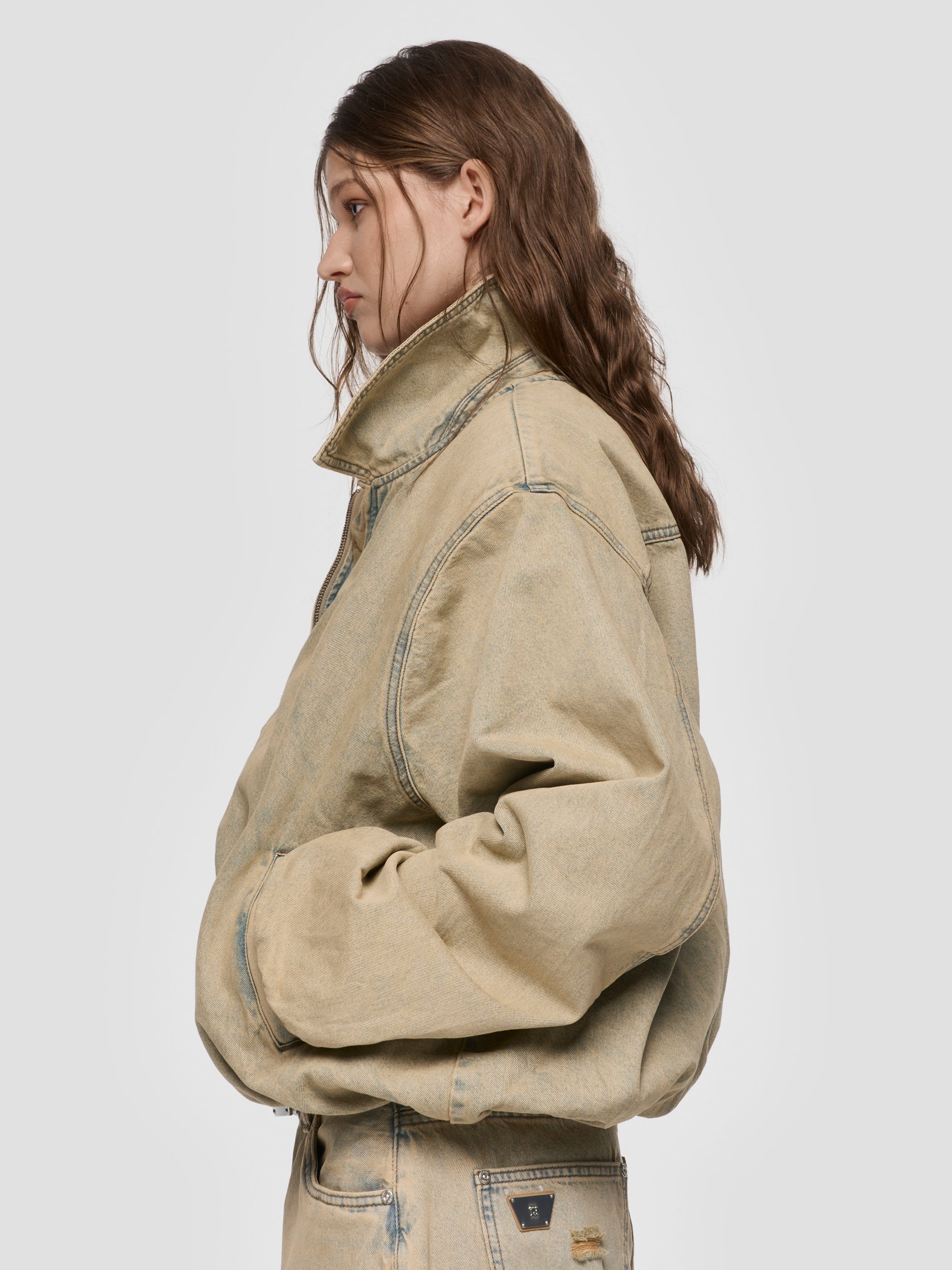 Sand Washed Bomber Denim Jacket
