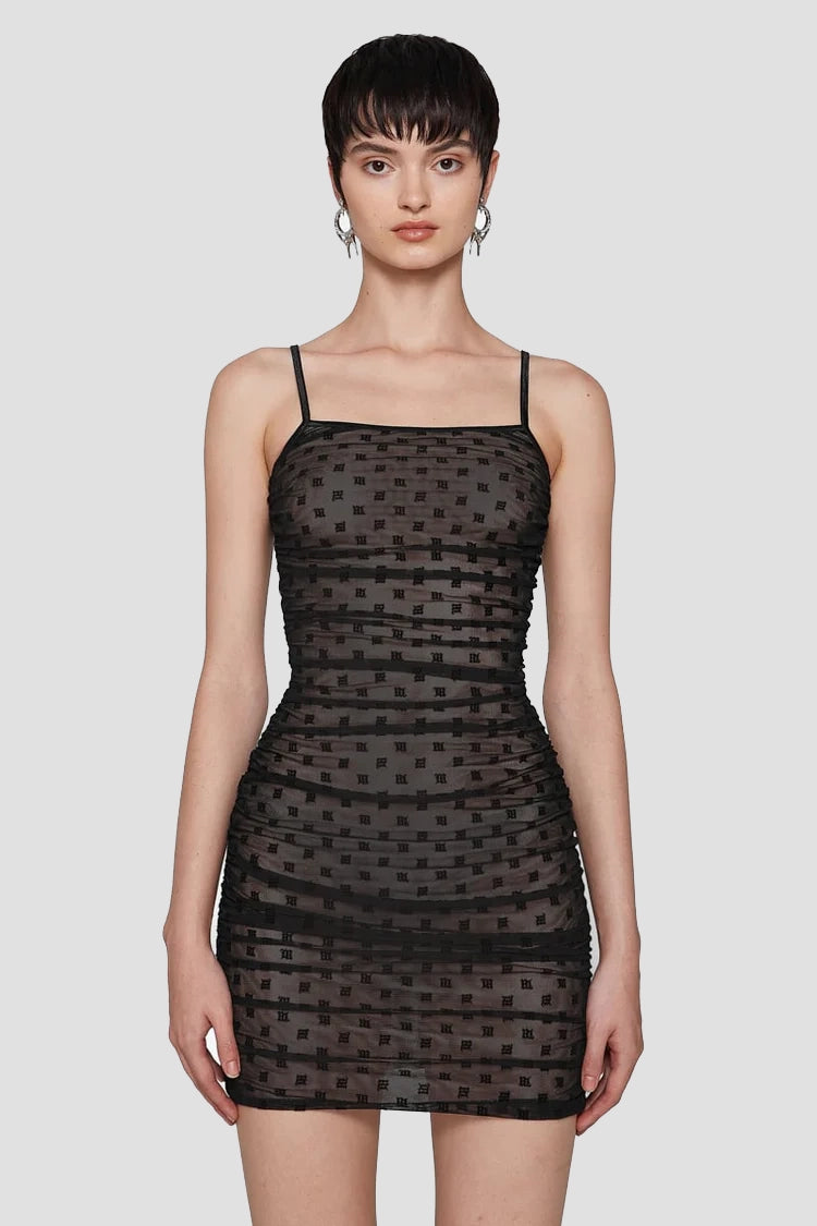 Mesh Monogram Draped Mini Dress