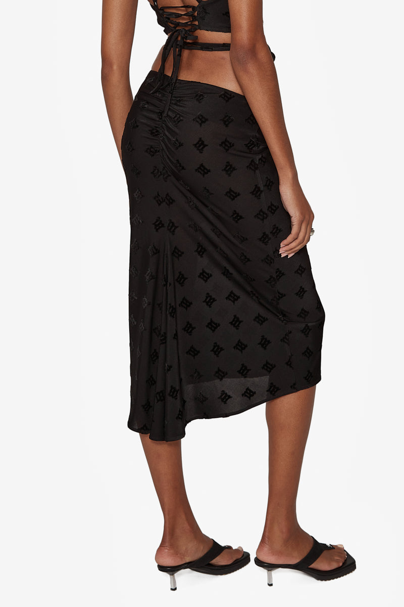 Velour Monogram Straps Midi Skirt Black